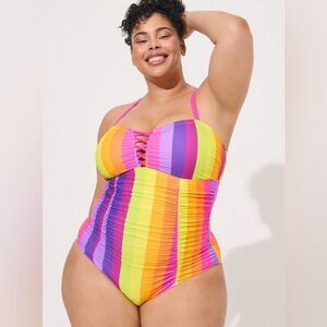 Torrid Wireless Lattice One-Piece Swimsuit in color muted Rainbow NWT in package